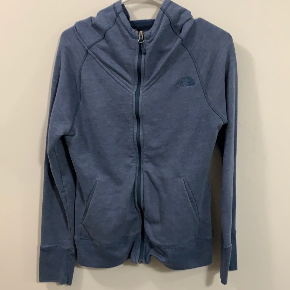Women’s The North Face hooded zipper sweatshirt Med, slate blue good condition